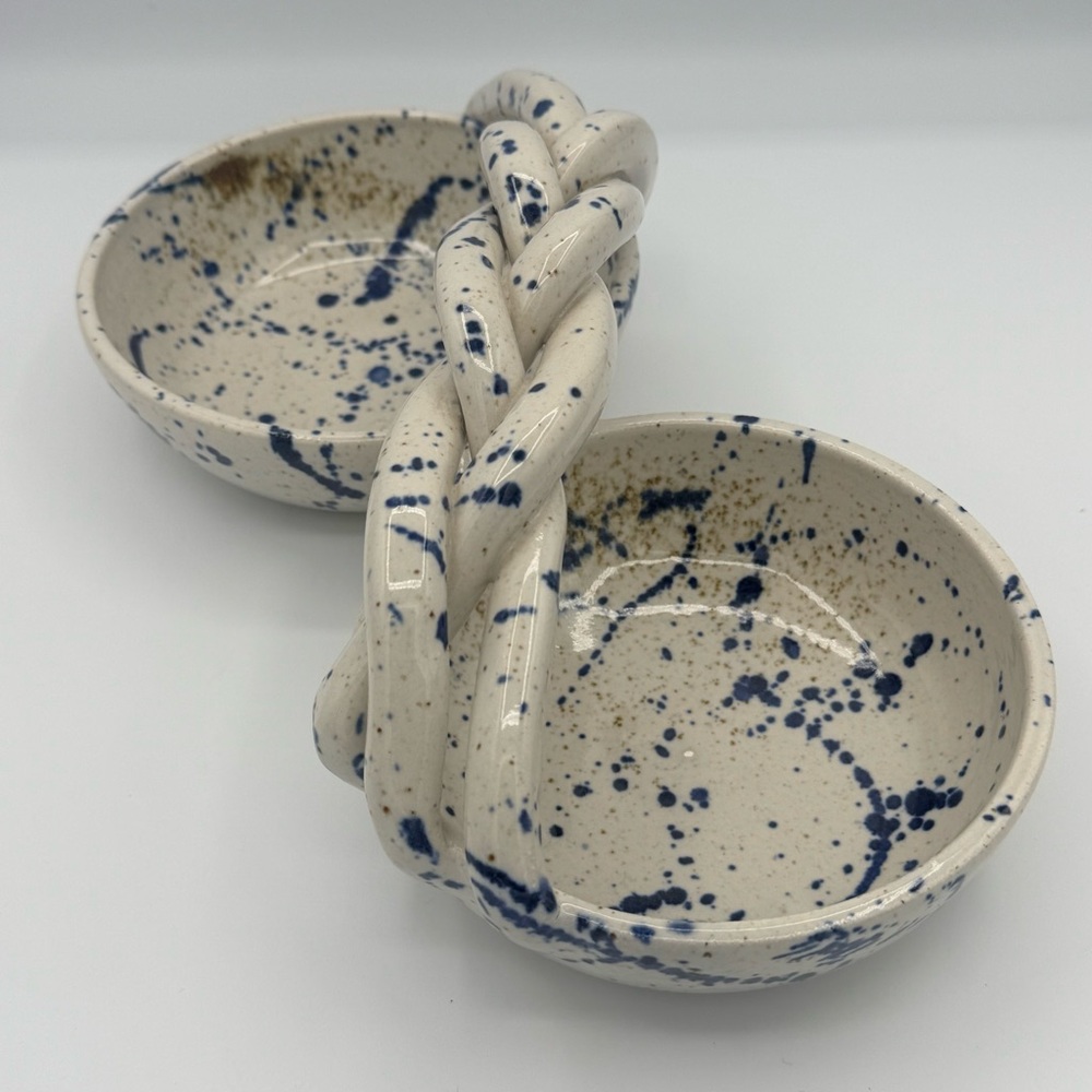 Handcrafted Ceramic Speckled Blue and Gold Dual Double Bowl with Braided Handle